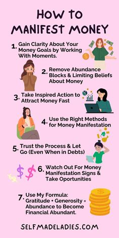 a pink poster with the words how to manifest money on it's side