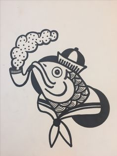 a black and white drawing of a fish with a frying pan on it's head