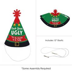 Ugly Sweater Mini Party Hats INCLUDES 8 mini hats and 8 elastic chin straps. Mini Holiday & Christmas party hats will fit both children and adults. Some assembly required. Ugly Sweater mini party hats SIZE 4.75 inches tall and 3.25 inches in diameter at the base. The included elastic chin straps measure 12 inches long. These cute holiday party accessories feature a unique star cut-out decoration at the top and the printed saying “Rock Your Ugly" and "'Tis the Season to be Tacky". FUN UGLY SWEATE Adjustable Novelty Party Supplies, Adjustable Christmas Costume Party Accessories, Adjustable Christmas Costume Hats And Headpieces, Adjustable Holiday Costume Hats, Adjustable Mini Christmas Hats, Adjustable Mini Hats For Winter Costume Party, Adjustable Mini Hats For Winter Party, Adjustable Mini Hats For Party In Winter, Funny Adjustable Mini Cap