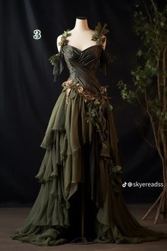 Fae Ball Dress, Forest Themed Dress, Princess Aesthetic Prom Dresses, Mythical Outfits Women, Gothic Witchy Outfits, Green And Black Wedding Dress, Forest Dress Aesthetic, Medevial Dresses, Mystical Dresses Fairytale