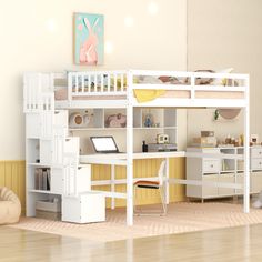 a white loft bed with desk underneath it in a room that has hardwood floors and yellow walls