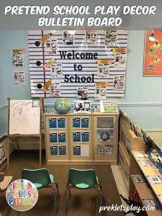 the inside of a classroom with bulletin boards and chairs in front of it, which reads pretend school play decor bulletin board