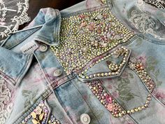 Beautiful shabby Chic  vintage style denim floral rose jacket with Rhinestone embellishments roses, lace ... available in sizes small to  1x Denim Diy Clothes, Bedazzled Jeans, Boho Chic Accessories, Upcycled Denim Jacket, Rose Jacket, Lace Jeans, Embellished Denim Jacket, Denim Crafts, Embellished Denim