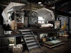 an industrial loft with lots of furniture and lighting