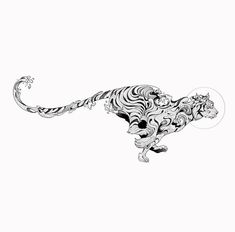 a black and white drawing of a cheetah running with an intricate pattern on its body