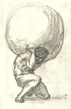 a pencil drawing of a man holding a large object in his hands and sitting on the ground