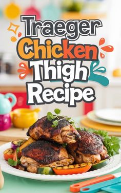 there is a plate with chicken on it and the words, traeger chicken thigh recipe