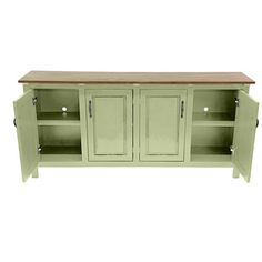 a green cabinet with two doors and drawers