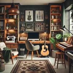 a living room filled with furniture and lots of shelves full of plants on top of them