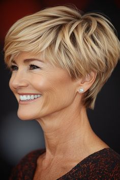 Click for More ➡️ | Save for Later ❤️Choppy layers in a golden blonde shade add a playful and youthful vibe to this short, easy-to-maintain haircut. (Golden Blonde Choppy Pixie - Short Pixie Haircuts For Older Women)