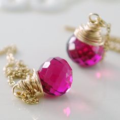 Hot Pink Earrings, Quartz Gemstone Threaders, AAA Onion, Bright Fuchsia, Delicate Luxe, Wire Wrapped Hot Pink Earrings, Diy Coupons, Raspberry Color, Pink Topaz, Creative Tshirt, Small Gift Boxes, Wire Wrapped Earrings, Threader Earrings, Pink Earrings