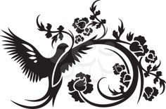 a black and white silhouette of a bird with flowers