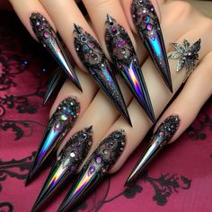 Nails Gothic Style, Unique Almond Acrylic Nails, Gothic New Years Nails, Glam Goth Nails, Goth Glam Nails, Cathedral Nails, Goth Stiletto Nails, Steampunk Nails, Talon Nails