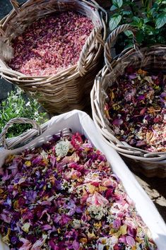 three baskets filled with different types of flowers