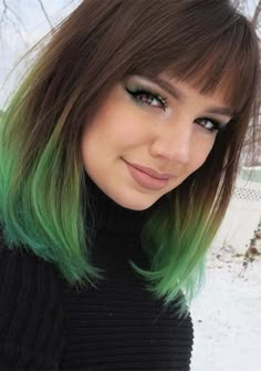 Short Hair With Green Tips, Brown And Lime Green Hair, Green Tipped Hair, Brown To Green Ombre Hair, Green Ends Hair, Green Hair Tips, Green Balayage Hair