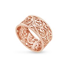 "This absolutely gorgeous 14k rose gold ring displays the beautiful unique traditional yemenite filigree work. This delicate filigree work was created in the traditional Yemenite filigree style, which has been practiced in the artist's family for generations. The artist's family originally designed fine jewelry for the Yemenite Royal family. This unique piece of art worthy of royalty makes a great gift that will surely be cherished for many years to come. The jewelry will be packed in a gift box Luxury Yellow Gold Engraved Ring With Intricate Design, Boho Rings Gold, Filigree Wedding Band, Wide Wedding Bands, Filigree Ring Gold, Handmade Gold Ring, Filigree Engagement Ring, Lace Ring, Unique Diamond Rings