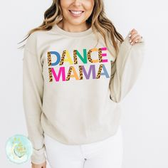 Dance Mama, Dance Shirts, Gifts for Mom, Leopard and Leotards, Toddler Dance, Dance Troop, Team Mom Tshirt, Leopard Print, Hip Hop Dance, Ballet Mom, Cheerleading Tees, Shirts for Mom, Mama Sweatshirt This soft sweatshirt has a loose fit for a comfortable feel. With durable print, it will be a walking billboard for years to come. -Loose fit -50% Cotton; 50% Polyester (fibre content may vary for different colors) -Unisex - Fits true to size (see size chart for reference) - If you prefer an oversi Dance Team Sweatshirts, Crew Neck Graphic Print Sweatshirt For Dance, Dance Squad, Crew Neck Text Print T-shirt For Dance Class, Crew Neck T-shirt With Text Print For Dance Class, Dance Mama Shirt, Ballet Mom, Dance Sweatshirt, Toddler Dance