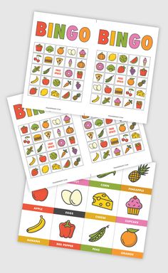 two printable game cards with different fruits and vegetables on them