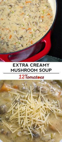 two pictures showing different types of soup in red pans and white bowl with cheese on top