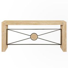 a wooden and metal coffee table with a circular design on the top, against a white background