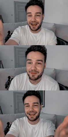 four different pictures of a man smiling and looking at the same person's face