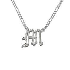 Product Details Customizable With: 1 Letter Chain Type: Figaro Chain Closure: Lobster Clasp Metal Selection: Sterling Silver 14k Gold over Silver Description For the child who put the love in your World! This adorable necklace will be a gift that will bring happiness to whoever receives it every day! Our Old English Style Initial Necklace makes a bold, beautiful statement. Coming together on a Figaro chain with beautifully detailed lettering in Latin Old English Script, choose any letter to cele Silver Chain Necklace With Initial Pendant, Silver Initial Pendant Chain Jewelry, Silver Jewelry Initial Pendant With Chain, Silver Chain Jewelry With Initial Pendant, Silver Name Necklace With Chain As Gift, Silver Name Necklace With Figaro Chain As Gift, Silver Chain Initial Pendant Necklace As Gift, Silver Name Necklace With Figaro Chain For Gift, Silver Figaro Chain Name Necklace As Gift