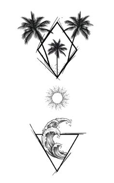 three different types of tattoos with palm trees and waves in the middle, on white paper