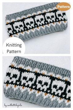 two knitted wrist warmers, one with an arrow pattern and the other without