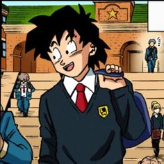 an animated image of a boy in a school uniform holding his hand up to his ear