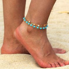 Bohemian Beaded Anklet Bracelet For Festivals, Gold Beaded Strand Anklets, Turquoise Strand Anklets For Festival, Gold Bohemian Beaded Bracelets For Summer, Bohemian Gold Beaded Bracelets For Summer, Adjustable Gold Anklets For Beach Season, Gold Anklets With Round Beads For Beach, Bohemian Beaded Strand Anklets, Bohemian Round Beads Anklets For Beach