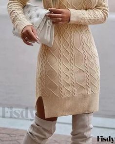 Fisdy - Vestido clásico de punto por cable con mangas largas y cuello alto Cable Knit Sweater Dress, Cable Knit Turtleneck Sweater, Turtleneck Sweater Dress, Spring Sweater, Dress With Long Sleeves, Long Sleeve Turtleneck, Sweater Material, Daily Dress, Knit Sweater Dress