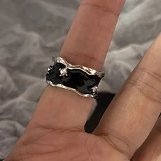 MAYTRENDS - Gothic Irregular Gemstone Ring Aesthetic Girls Adjustable Black Stone Ring Women's Liquid Punk Ring Vintage Jewelry Accessories Ring Aesthetic, Black Stone Ring, Black Stone, Ring Vintage, Stone Ring, Gemstone Ring, Aesthetic Girl, Ring Necklace, Stone Rings