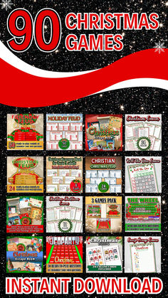 christmas games for kids and adults with the title'90 christmas games instant printable