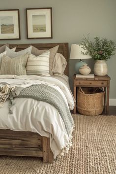 a bed with pillows and blankets on top of it next to two pictures above the bed