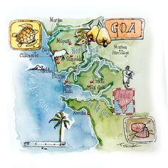 a watercolor and ink map of the state of goa with images of animals, places to go