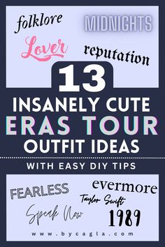 This pin says "13 insanely cure Eras Tour outfit ideas with easy DIY Tips". In the background are the names of all the albums that Taylor Swift has released. Friends Eras Tour Outfits, Comfortable Eras Tour Outfits, Plus Size Eras Tour Outfit Ideas, Easy Eras Tour Outfit Ideas, Eras Tour Couple Outfits, Eras Concert Outfit Ideas, Taylor Concert Outfit Ideas, Easy Taylor Swift Outfit, Plus Size Eras Tour Outfits