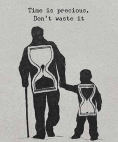 a man holding the hand of a child with an hourglass in front of him