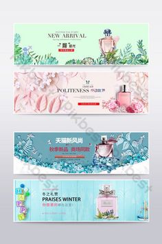 three banners with perfumes and flowers on the front, two are blue and one is pink