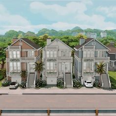 an artist's rendering of a row of houses on the street with cars parked in front