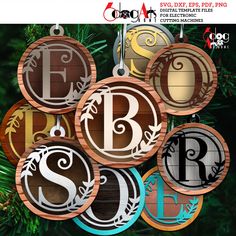 christmas ornaments with the letter s in different colors and designs hanging from a pine tree