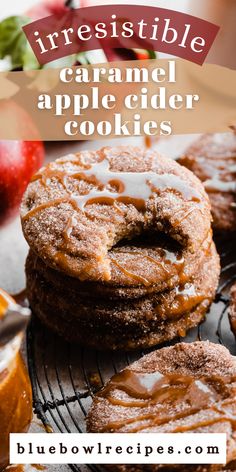 an image of caramel apple cider cookies on a cooling rack with apples in the background