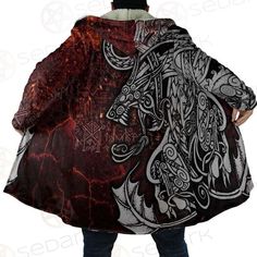 Viking Hooded Coat Dragon Fleece Hoodie Coat Hooded Coat Artistic Winter Outerwear For Streetwear, Artistic Winter Streetwear Outerwear, Artistic Hooded Hoodie For Fall, Artistic Black Long Sleeve Outerwear, Viking Dragon, Dragon Hoodie, Viking Clothing, Hooded Cloak, Hoodie Coat