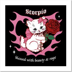 a white cat holding a red rose in its paws with the words scorpia on it