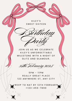 an elegant birthday party with pink ribbon and bows on the front, in white paper