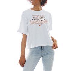 This Gameday Couture Slogan Boxy Fit Cropped T-Shirt is the perfect way to show your support for the Texas Longhorns. Made from soft cotton, this boxy-fit tee is comfortable and stylish, perfect for any fan. The vibrant colors and graphics will make you stand out from the crowd, whether you're at the game or cheering from home. Boxy Fit Tops With Letter Print For Loungewear, Boxy Fit Letter Print Tops For Loungewear, Boxy Letter Print Tops For Loungewear, Women Slogan, Gameday Couture, Texas Longhorns, Cropped T Shirt, Crop Tshirt, Workout Tee