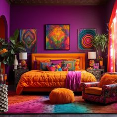 an orange and purple bedroom with lots of art on the walls, furniture and decor