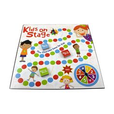 the kids on stage board game is shown in front of a white background with colorful dots