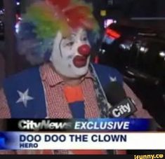 a clown is talking to the news about his clowning career and being interviewed by cnn