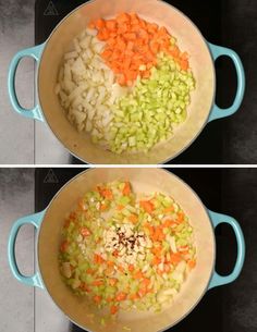 two pictures showing the process of how to cook cabbage and carrots in a pot