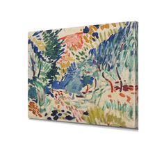 an abstract painting on canvas with trees and flowers